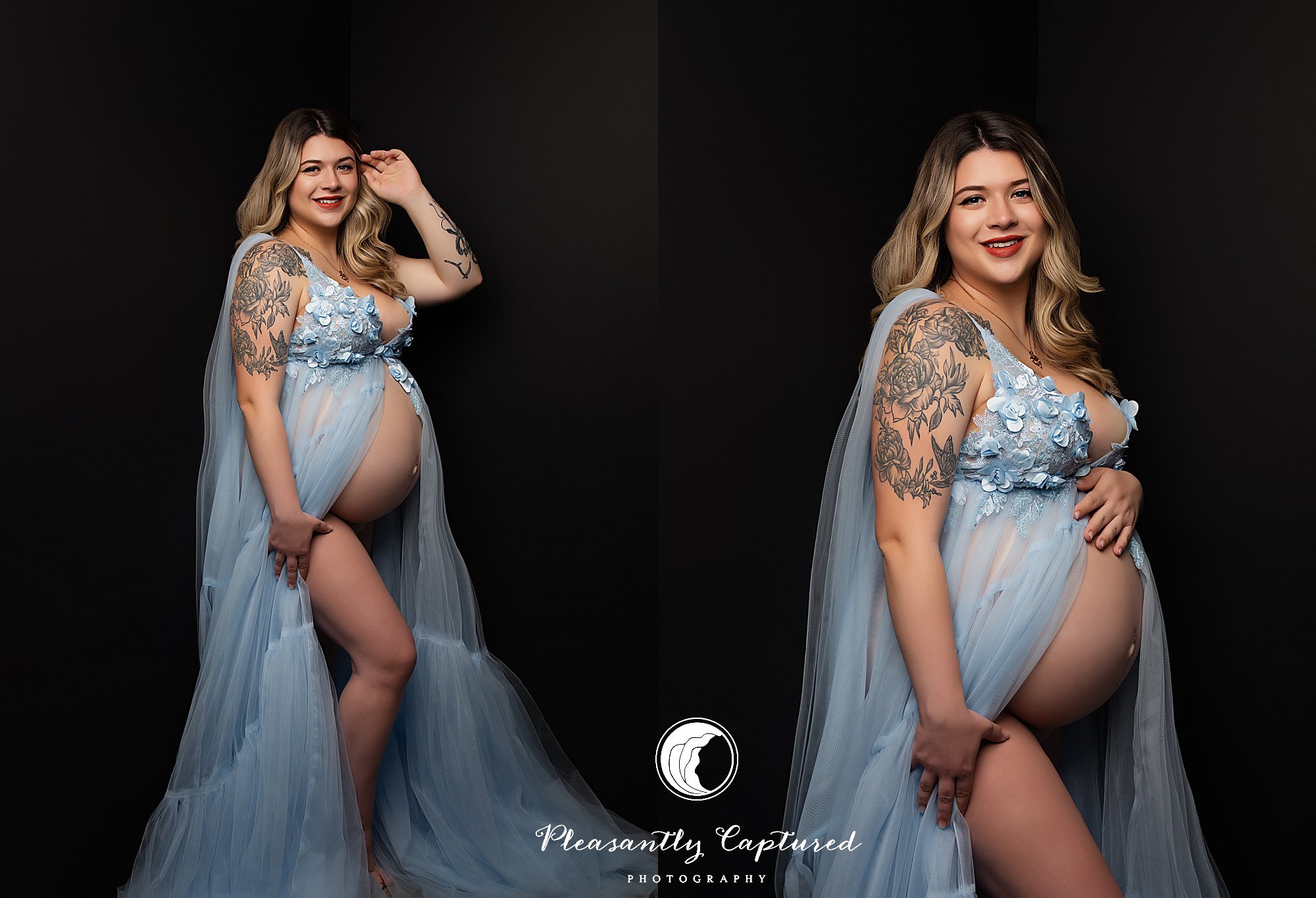 Pregnant mother posing confidently in studio maternity portrait